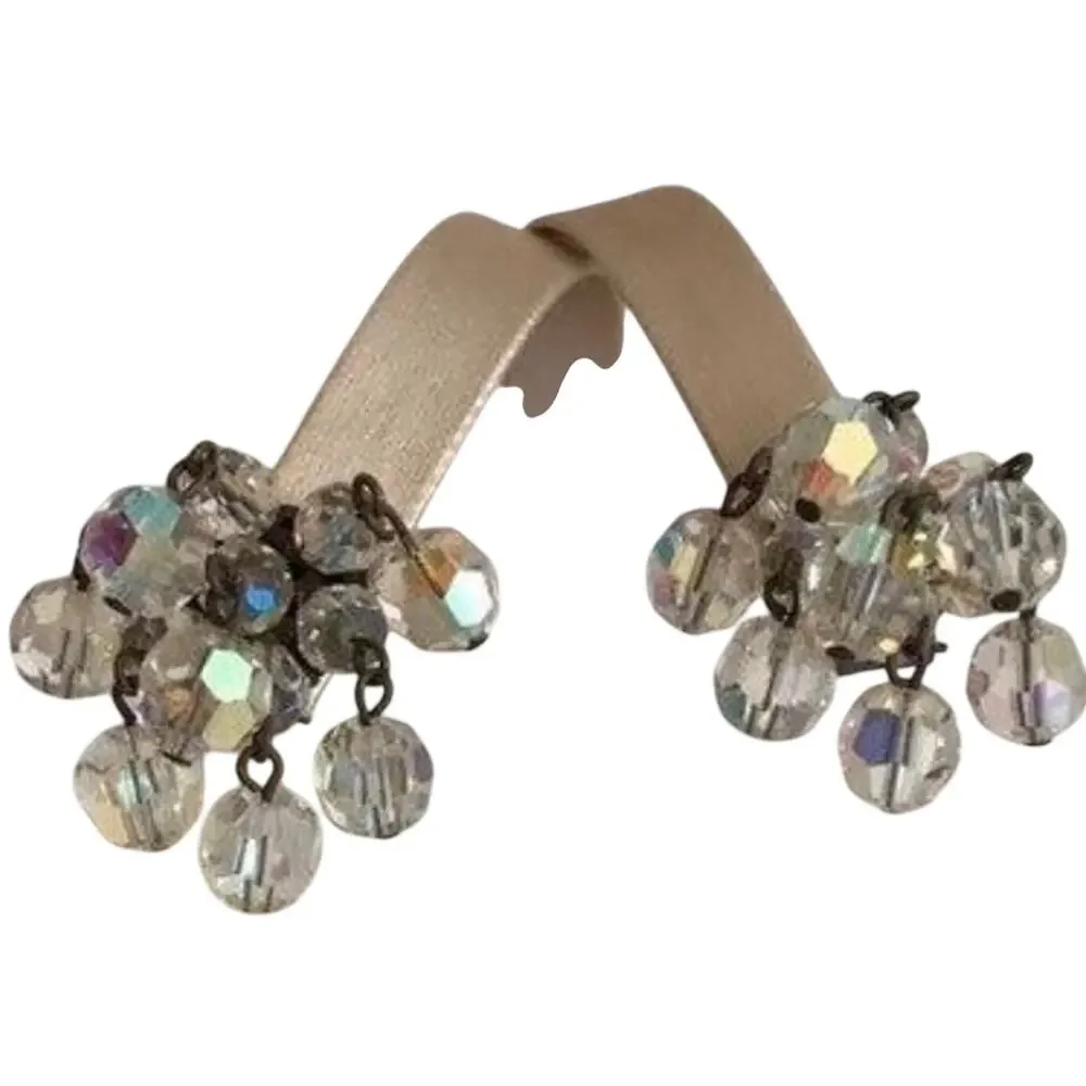 Vintage clear Austrian crystal drop dangle clip on earrings AB faceted beads